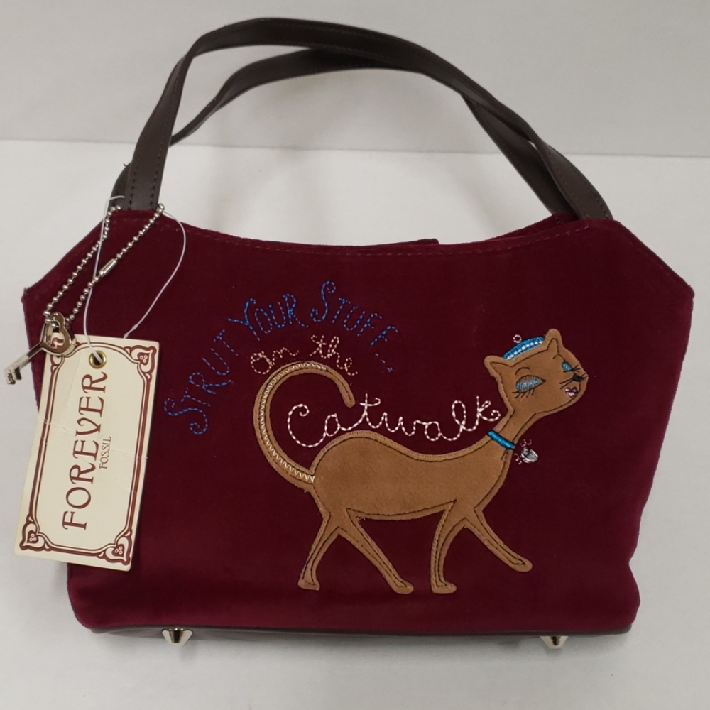 Forever by Fossil Handbag Wine Faux Velvet Cat
